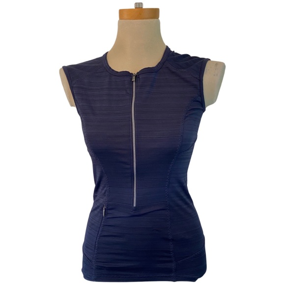 Athleta Pacifica Navy Blue Zip Front Sleeveless Spandex Athletic Workout Top - Picture 2 of 9